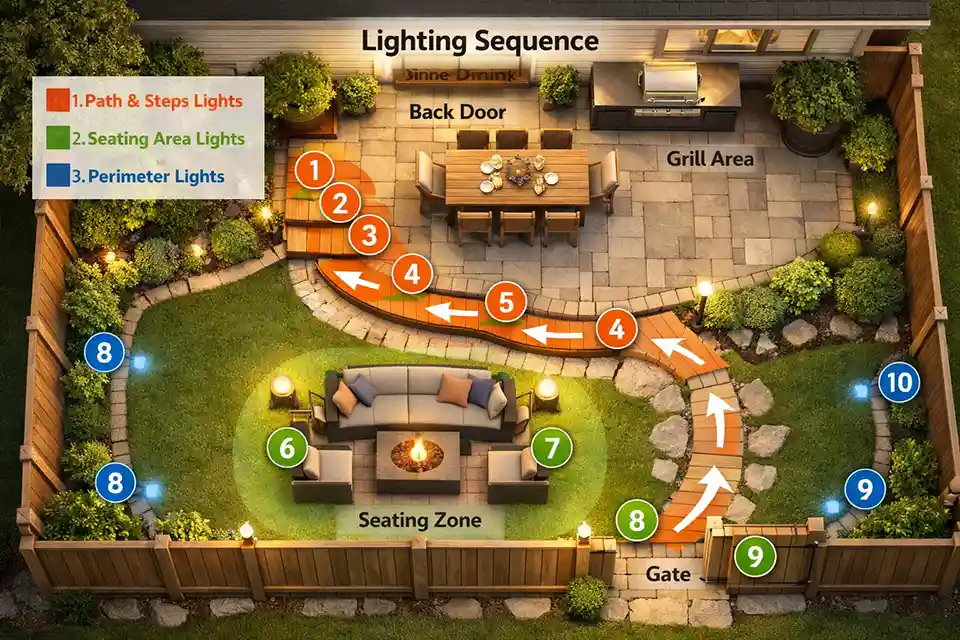 Top-down backyard lighting diagram with numbered overlay showing lighting priority from steps and paths to seating areas and then perimeter accents