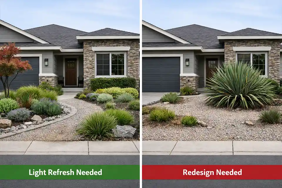 Comparison of a modern front yard that needs a light refresh and one that needs redesign because the layout is too weak