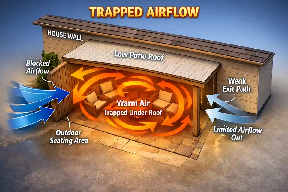 Diagram showing blocked breeze-side intake, trapped warm air under a low patio roof, and a weak exit path