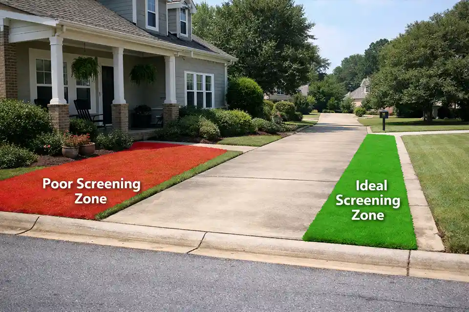 Front yard driveway with overlay highlighting the best screening zone near the street edge and driveway side instead of near the porch