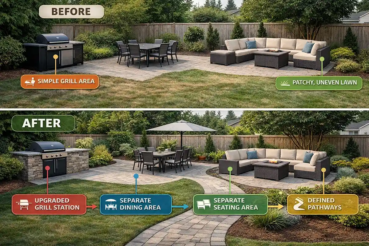Before and after backyard layout redesign improving space usability