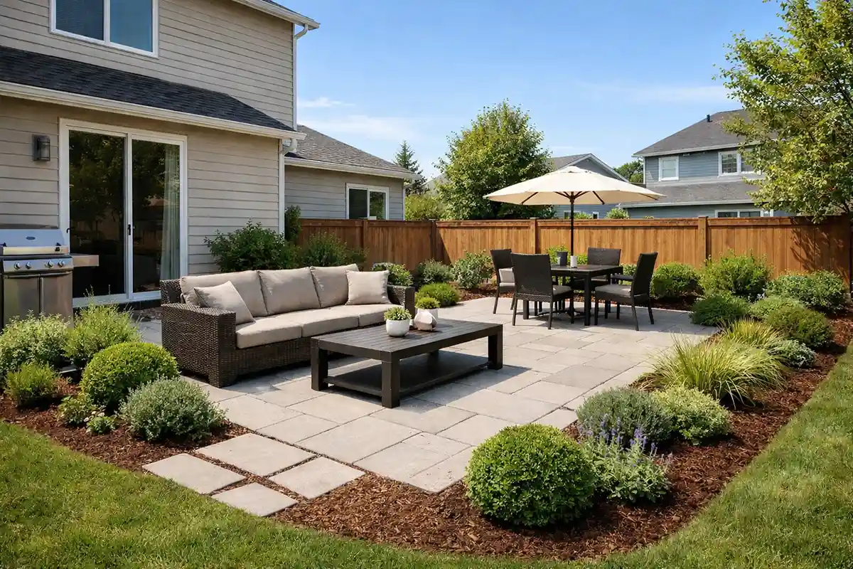 Low maintenance backyard layout with simple patio and well spaced plants.