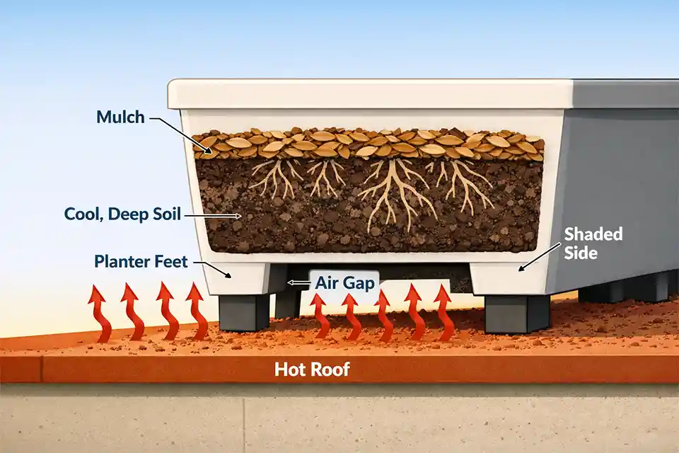 Cutaway diagram of a rooftop planter raised above a hot roof surface with deep soil, mulch, and an air gap to reduce heat stress