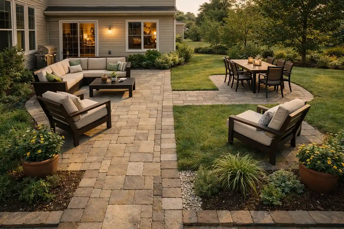 Backyard patio divided into lounge and dining zones with clear walking paths and balanced spacing.