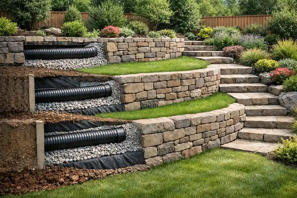 Terraced backyard landscaping with retaining walls and stairs stabilizing a steep slope.