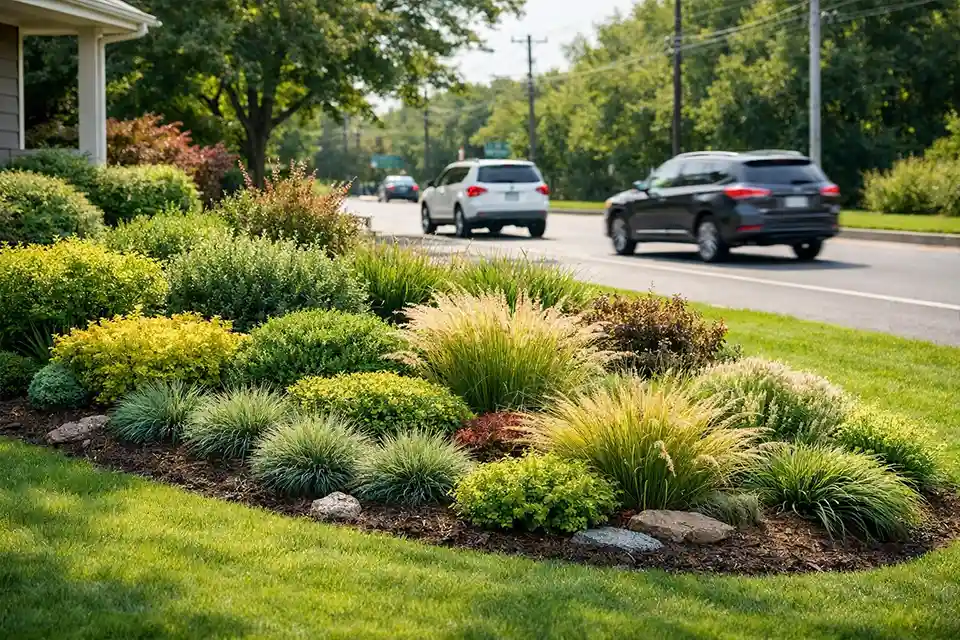 Front yard landscaping with berm and layered plant buffers to reduce roadside dust and debris.