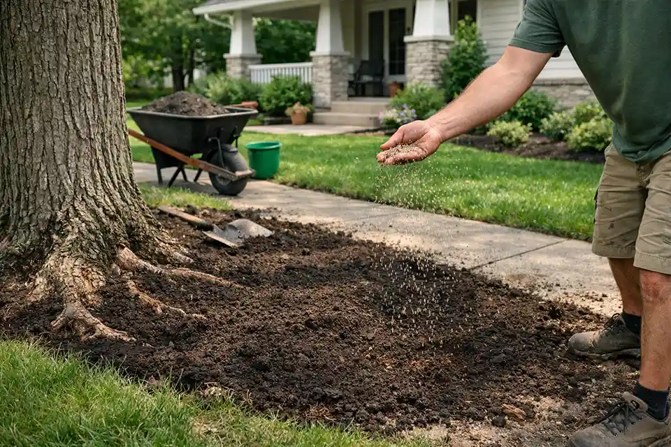 Repairing a lawn damaged by tree roots by adding soil and reseeding grass.