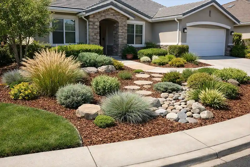 HOA compliant drought-tolerant landscaping with shrubs and mulch reducing maintenance.