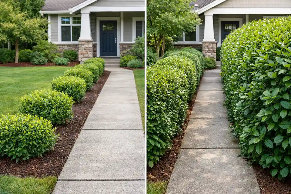 Comparison between a manageable front yard hedge and an oversized fast-growing hedge