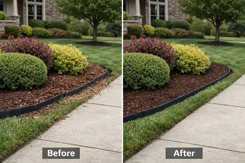 Before and after view of front yard edging shifted out of line and then properly reset into a straight stable border