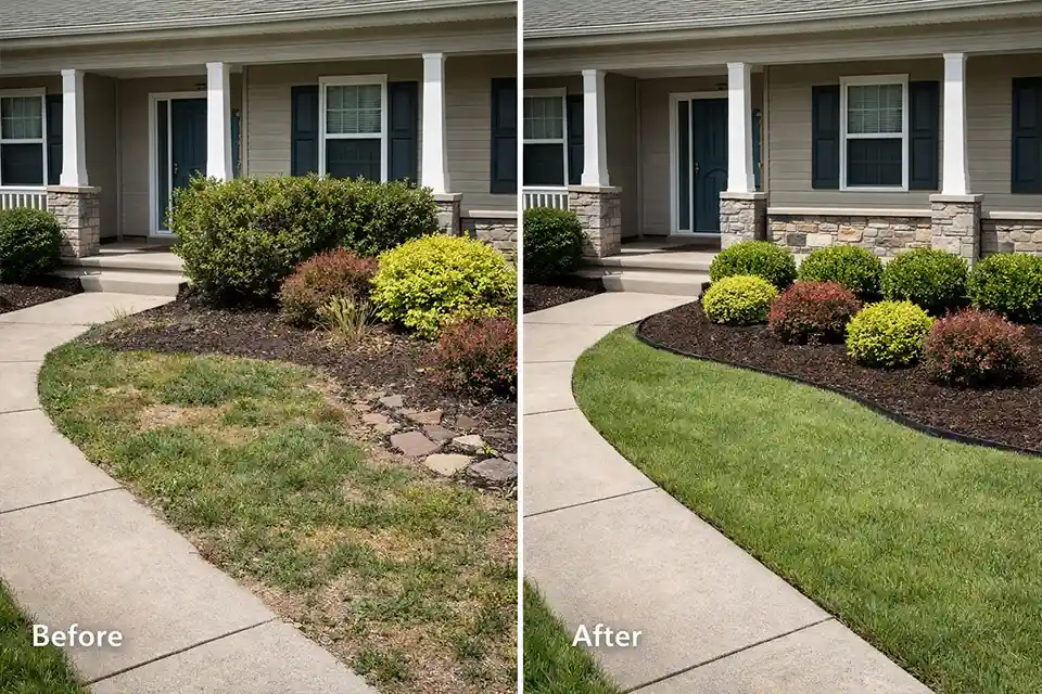 Before and after front yard showing patchy lawn, crowded shrubs, and washed mulch replaced with a wider mulched bed and better plant spacing
