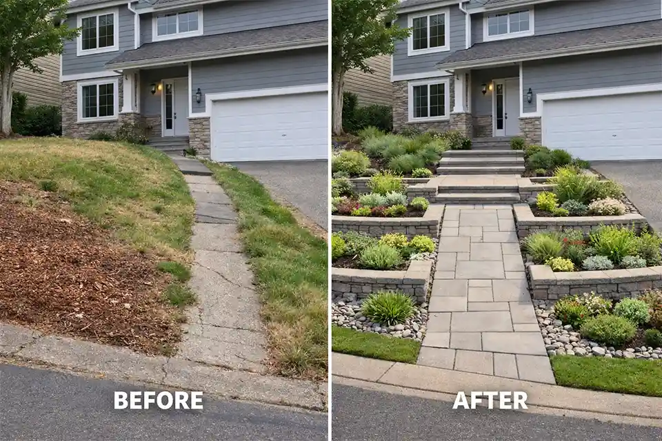 Before and after of a steep front yard redesigned with a level entry area, terrace planting bands, and a simpler more stable walkway