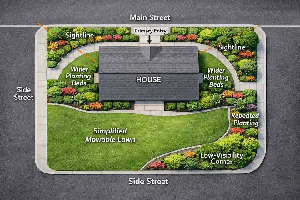 Diagram of a corner lot front yard redesign with a primary entry frontage, repeated side-street planting, a low corner zone, and a simplified lawn shape