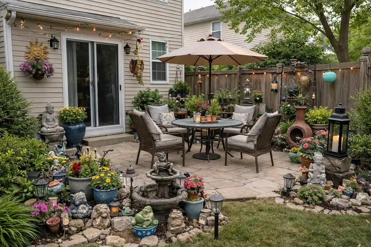 Overcrowded backyard filled with excessive decorative elements creating visual clutter.