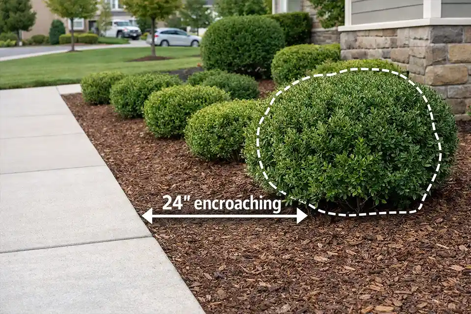 Front yard shrub placement beside a walkway with overlay showing when mature width will overcrowd the bed and require redesign