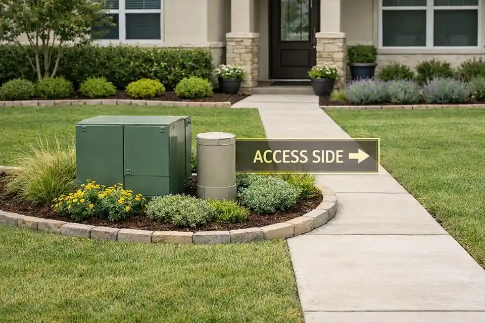 Redesigned front yard with a utility box integrated into a low planting zone and a highlighted open access side
