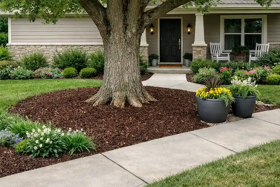 Finished front yard layout with a mature tree, broad mulch zone, and planting moved away from the most sensitive root area.