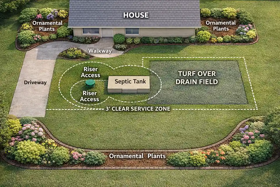 Overhead front-yard diagram showing a septic tank, drain field, clear service area, turf over the field, and ornamental planting only outside the restricted zone.