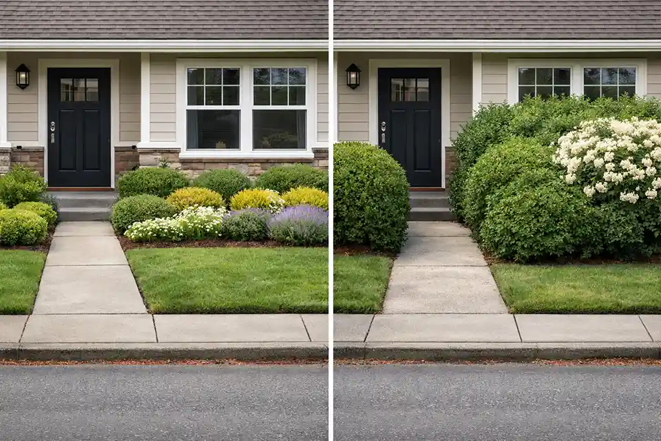 Side-by-side comparison of a shallow front yard with compact planting that fits versus oversized shrubs crowding the walkway and front windows
