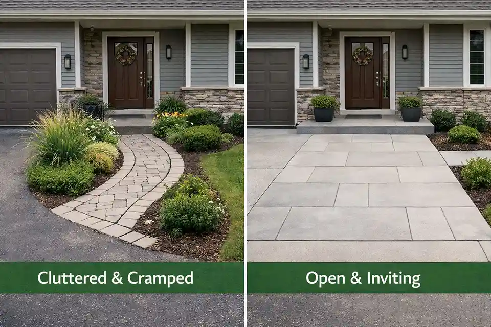 Comparison of a cramped curved walkway and a simplified widened arrival area connecting an offset front door and driveway
