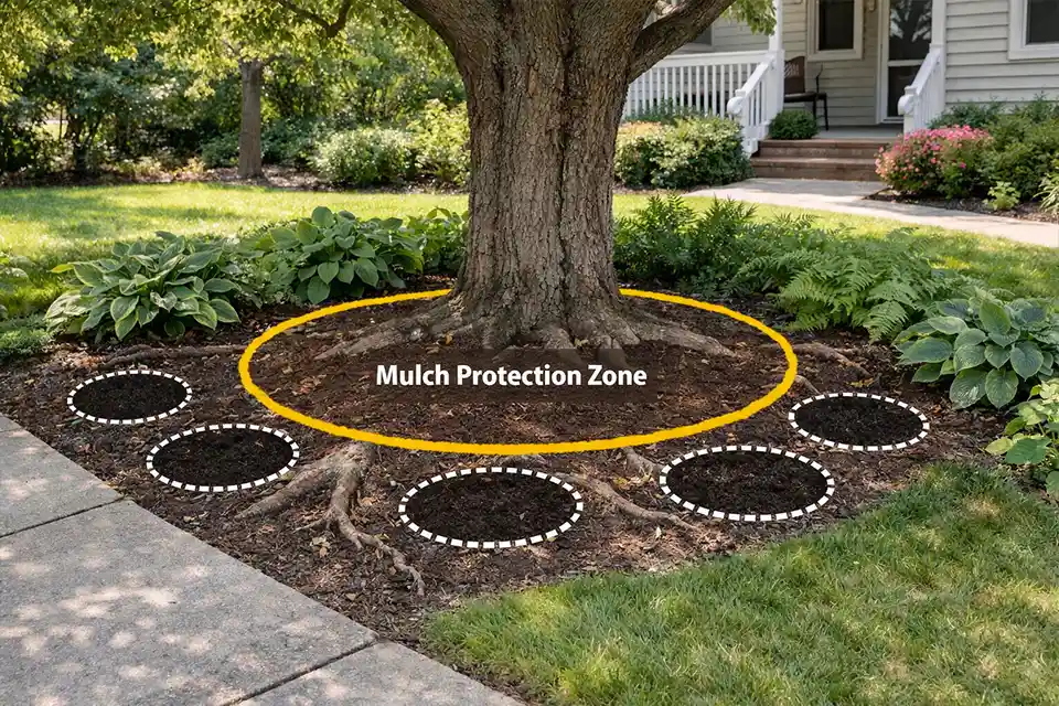 Front yard bed under a mature tree with overlay showing a mulch protection zone near the trunk and small planting pockets outside major roots