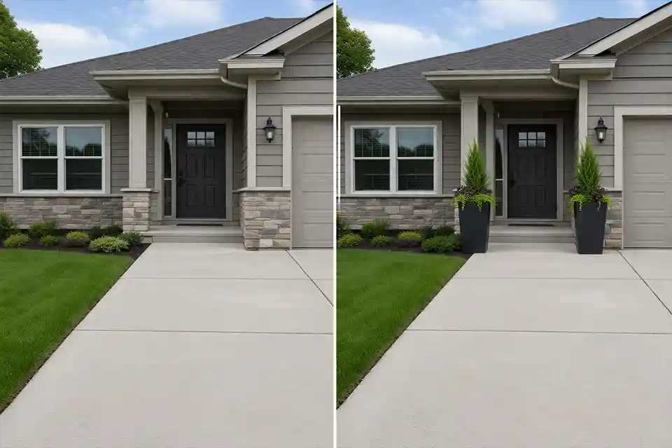 Comparison of a flat entrance and an entrance framed with tall planters and upright plants