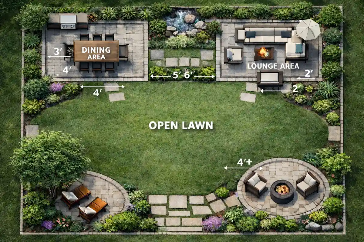 Top-down backyard layout plan showing functional outdoor zones and walkways