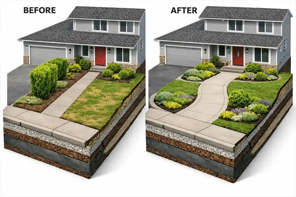 Front yard landscaping before and after isometric 3D cutaway with curved walkway and low-maintenance planting