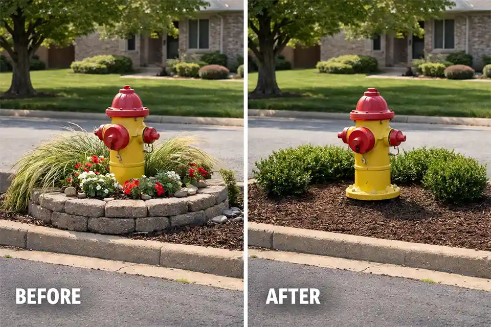 Before and after front yard design showing an overcrowded hydrant bed replaced by an open clearance zone and simpler planting layout
