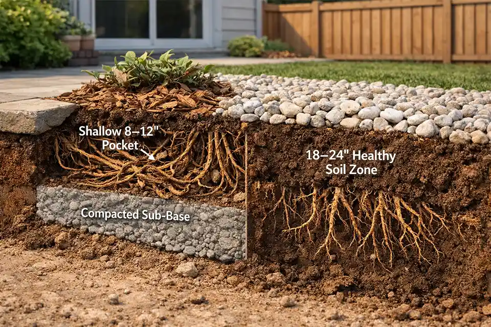 3D cutaway of a shallow planting pocket in a grass-free backyard showing roots trapped above compacted base