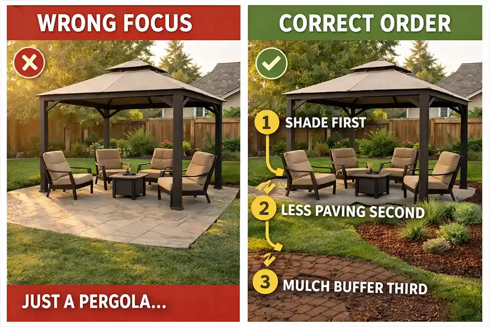 Before and after backyard seating area showing the correct fix order with shade over seating, less exposed paving, and better heat buffering