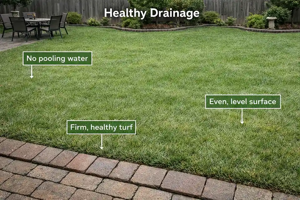 Comparison of backyard drainage showing pooled water after 24 hours versus a properly drained lawn beside the same patio edge