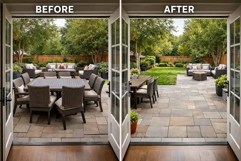 Before-and-after backyard showing a blocked patio entrance changed into a clearer transition zone with better outdoor flow