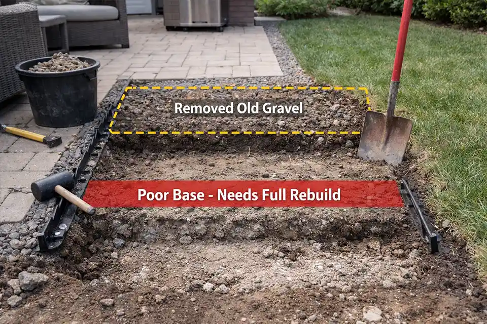 Backyard gravel bed opened for repair with overlay highlighting contaminated gravel removal and edge reset before rebuilding