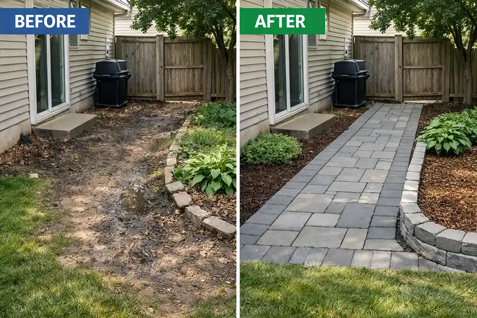 Before and after backyard repair showing a muddy pet path replaced with a defined paver run lane and protected planting bed
