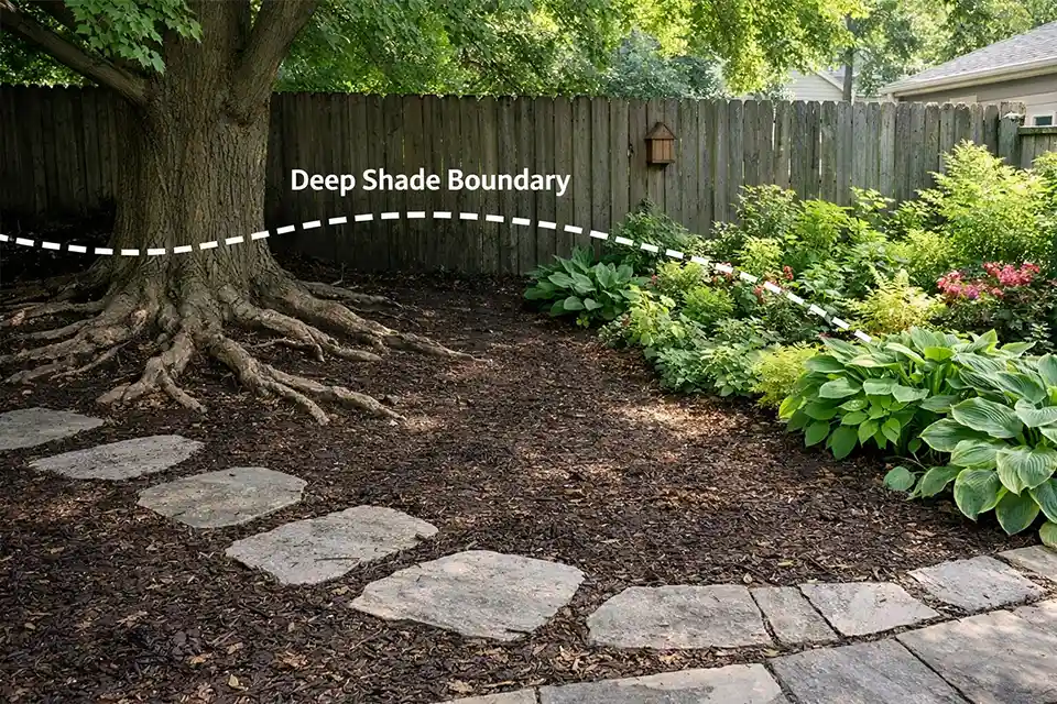 Shaded backyard corner with an overlay marking where dense planting should stop and a simpler mulch-and-stepstone transition should begin.