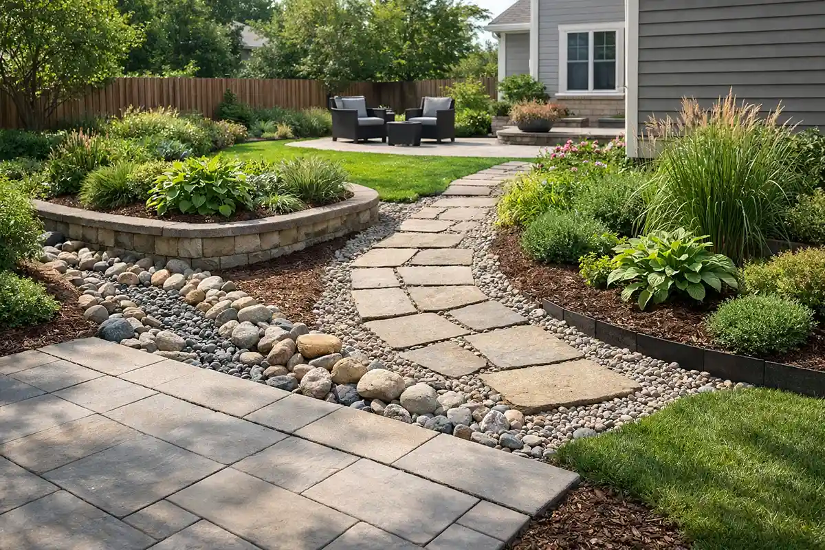Backyard patio with proper drainage and low maintenance landscaping design.
