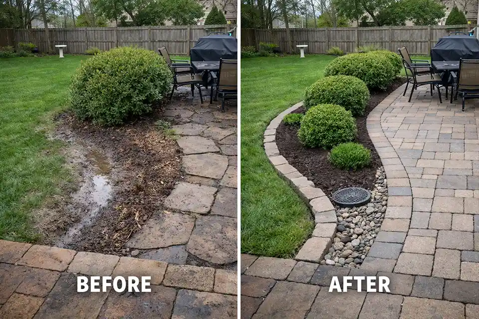 Before and after backyard corner showing a muddy shortcut and oversized shrubs replaced by a wider path and corrected planting layout.