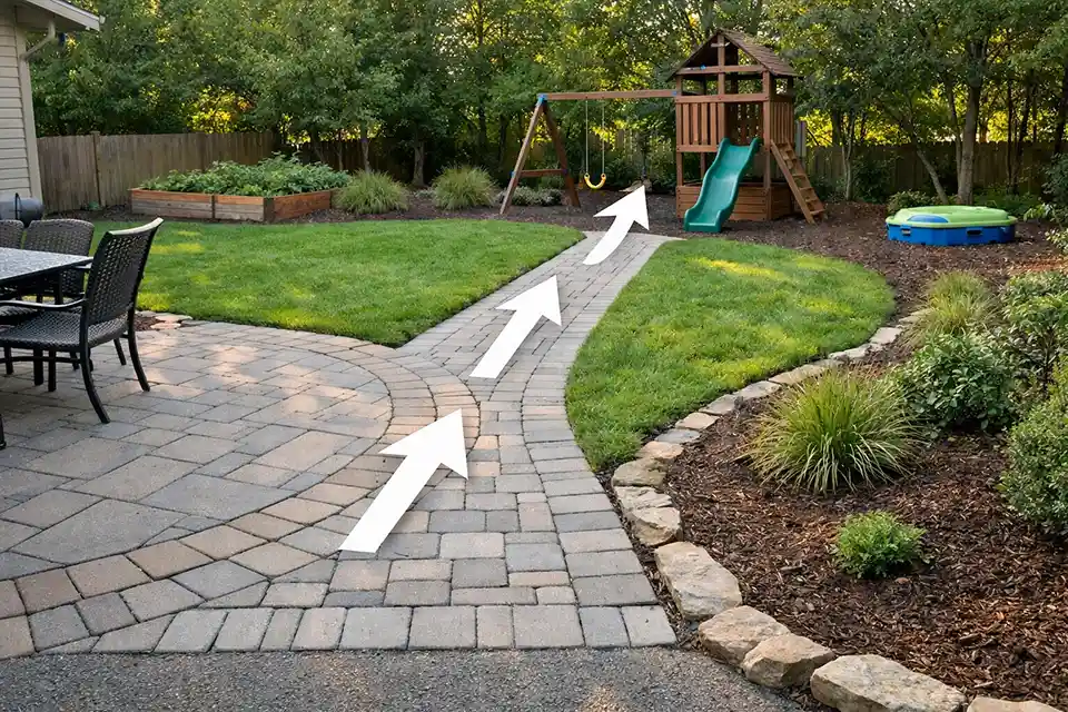 Family backyard with a highlighted durable route and pulled-back planting edge showing the right fix for worn lawn and messy borders