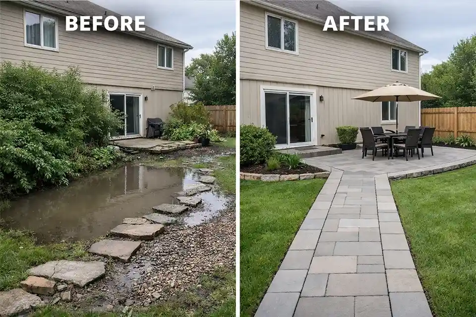 Before-and-after backyard showing drainage fixes, a wider clear walkway, simplified planting beds, and a stable patio edge for stronger resale appeal.
