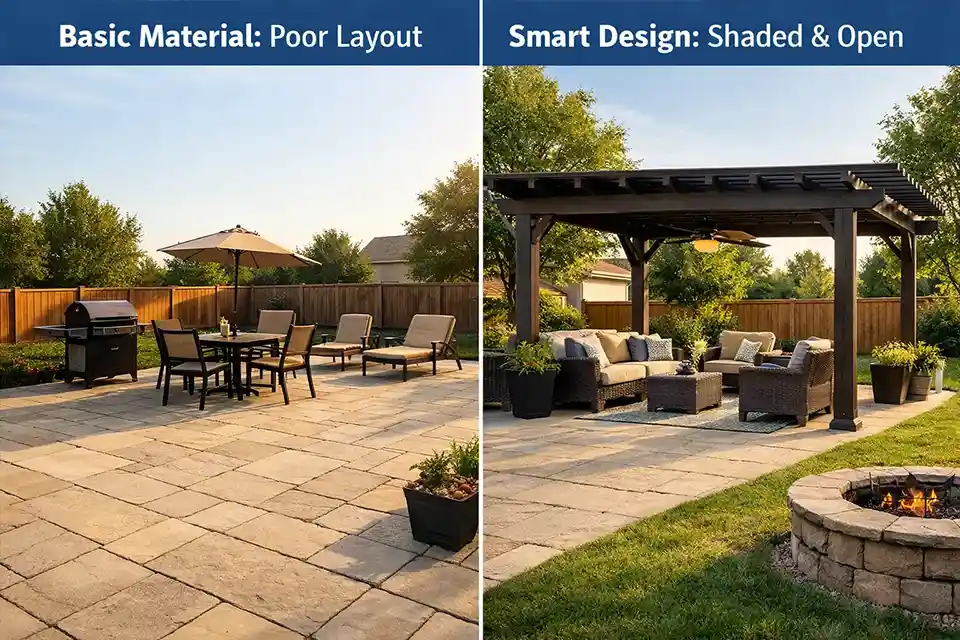 Comparison showing that lighter patio material alone does not fix heat as well as better shade placement and reduced exposed paving