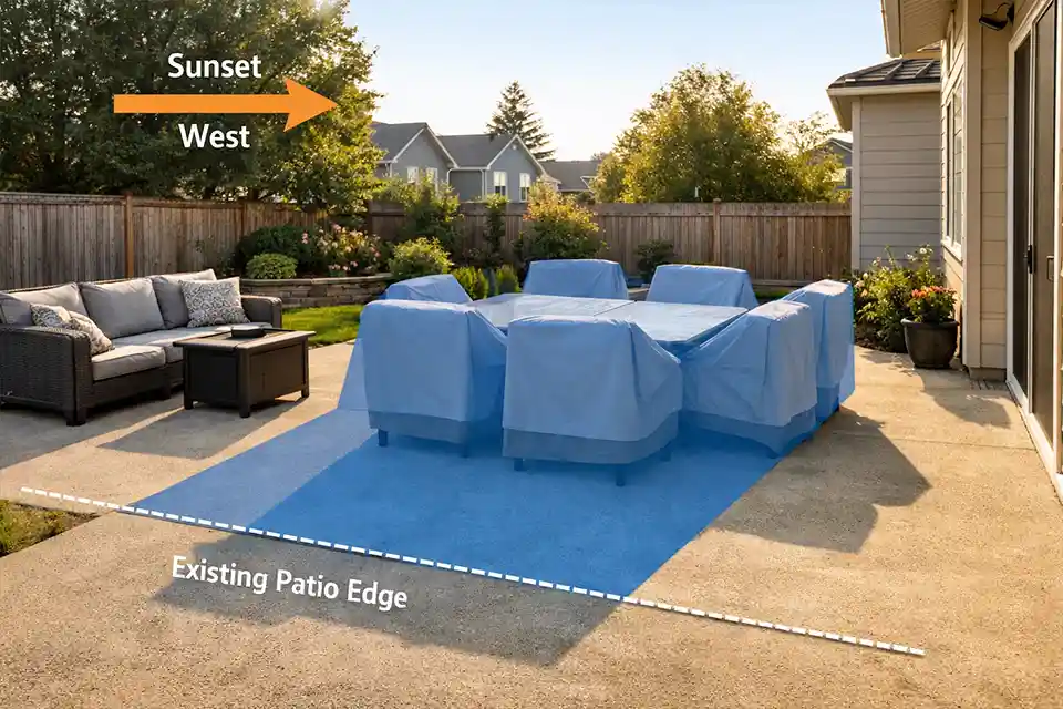 Backyard patio photo with overlay showing the correct late-afternoon shade coverage over the main seating and dining zone
