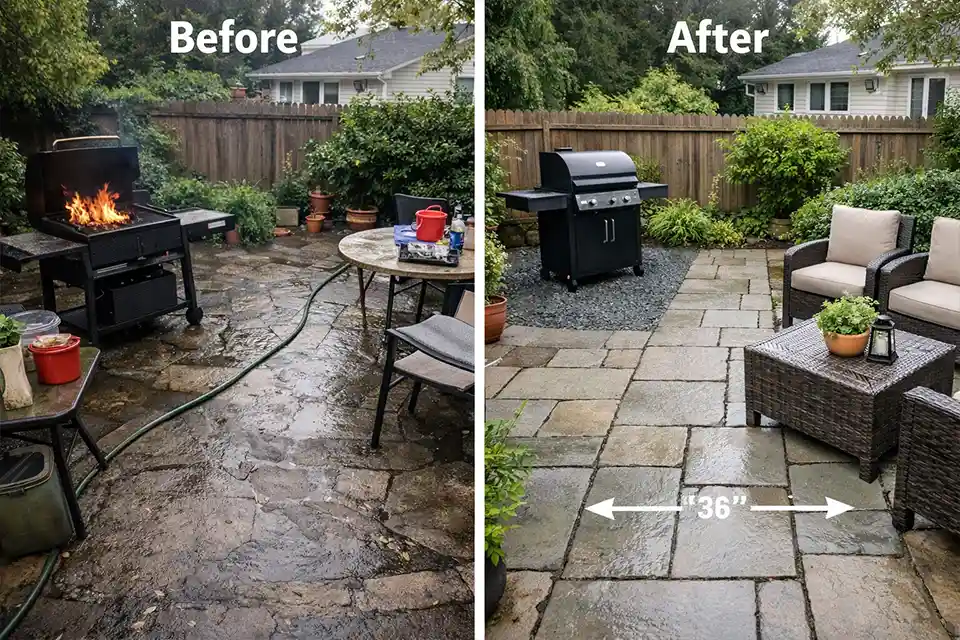 Before and after patio showing overlapping grill zone and damp walkway corrected into safer separated zones with clear path