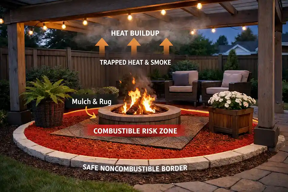 Backyard fire pit under a pergola with overlay showing combustible materials too close to the edge and heat buildup under the overhead cover.