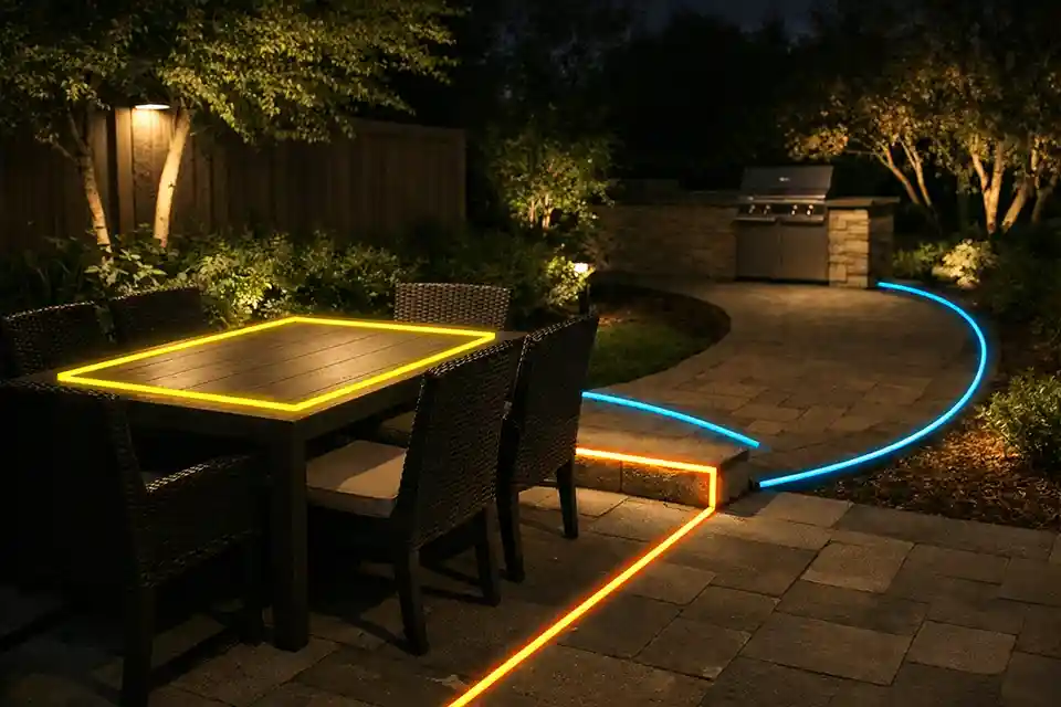 Backyard patio lighting example with overlay highlighting the step edge, path turn, and dining surface as the correct priority lighting zones