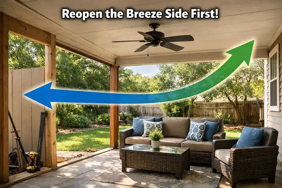 Covered patio retrofit with overlay arrows showing reopened breeze-side airflow across the seating area