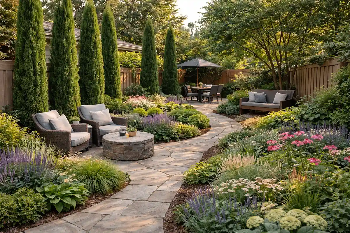Mid-yard pergola acting as visual anchor in long narrow backyard