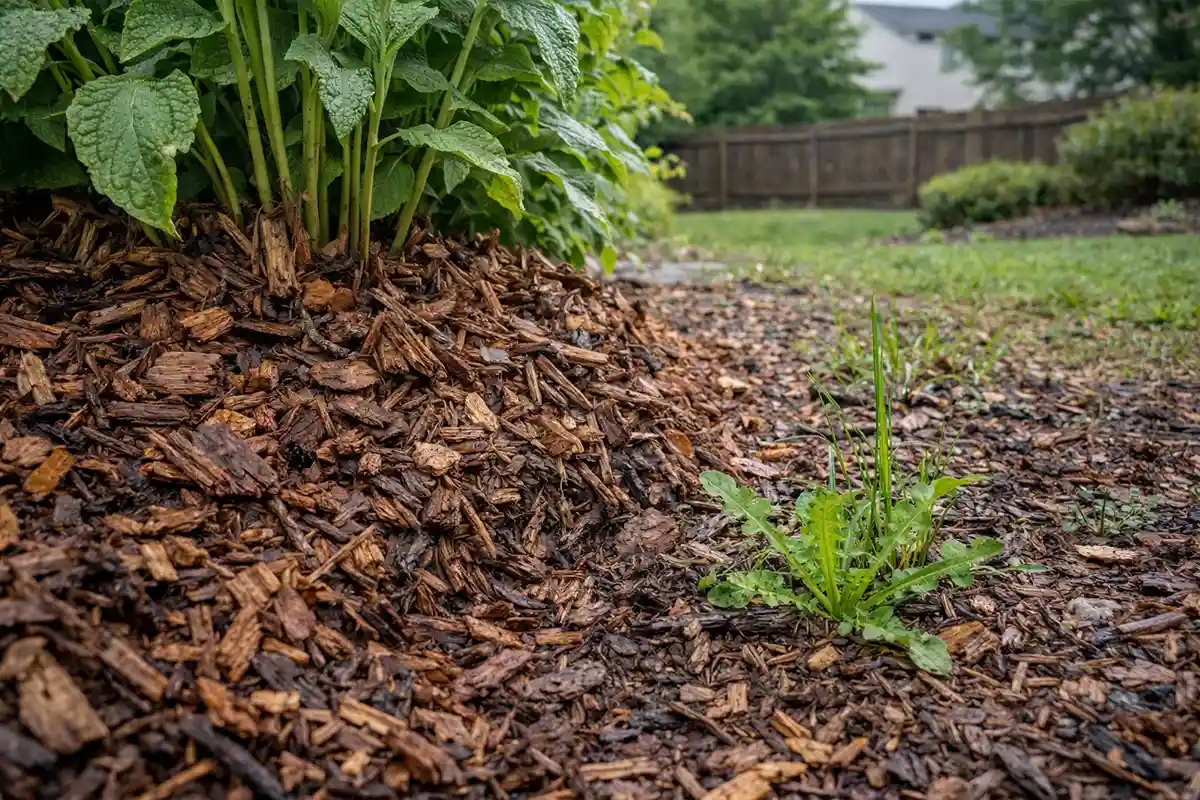 Improper mulch installation causing weeds and plant stress in garden bed