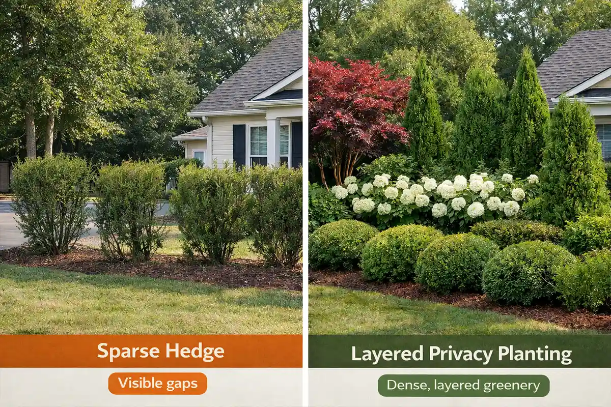 Comparison of ineffective hedge privacy and layered landscaping privacy screen