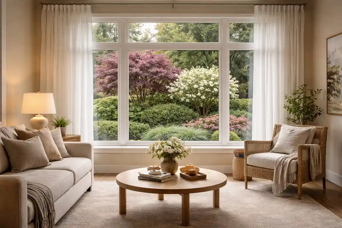 Interior view showing window treatments and landscaping improving privacy from a busy street
